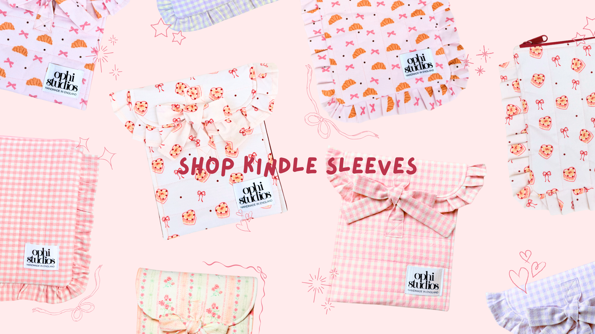 Collection of pink Kindle sleeves with various patterns and designs on a light pink background.